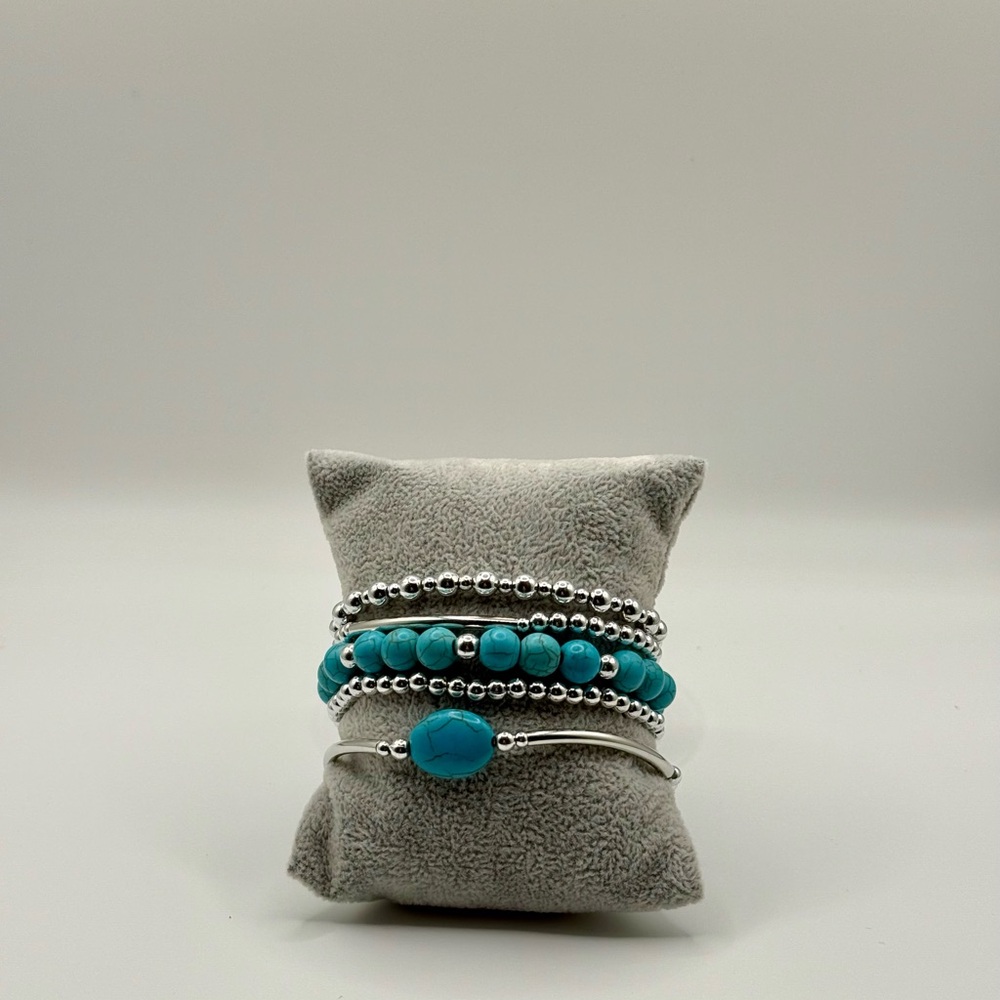 Silver and Turquoise Beaded Bracelet Set
